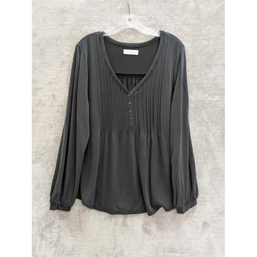 Lucky Brand Pintuck Blouse Womens XL Black VNeck Long Sleeve Boho Minimalist